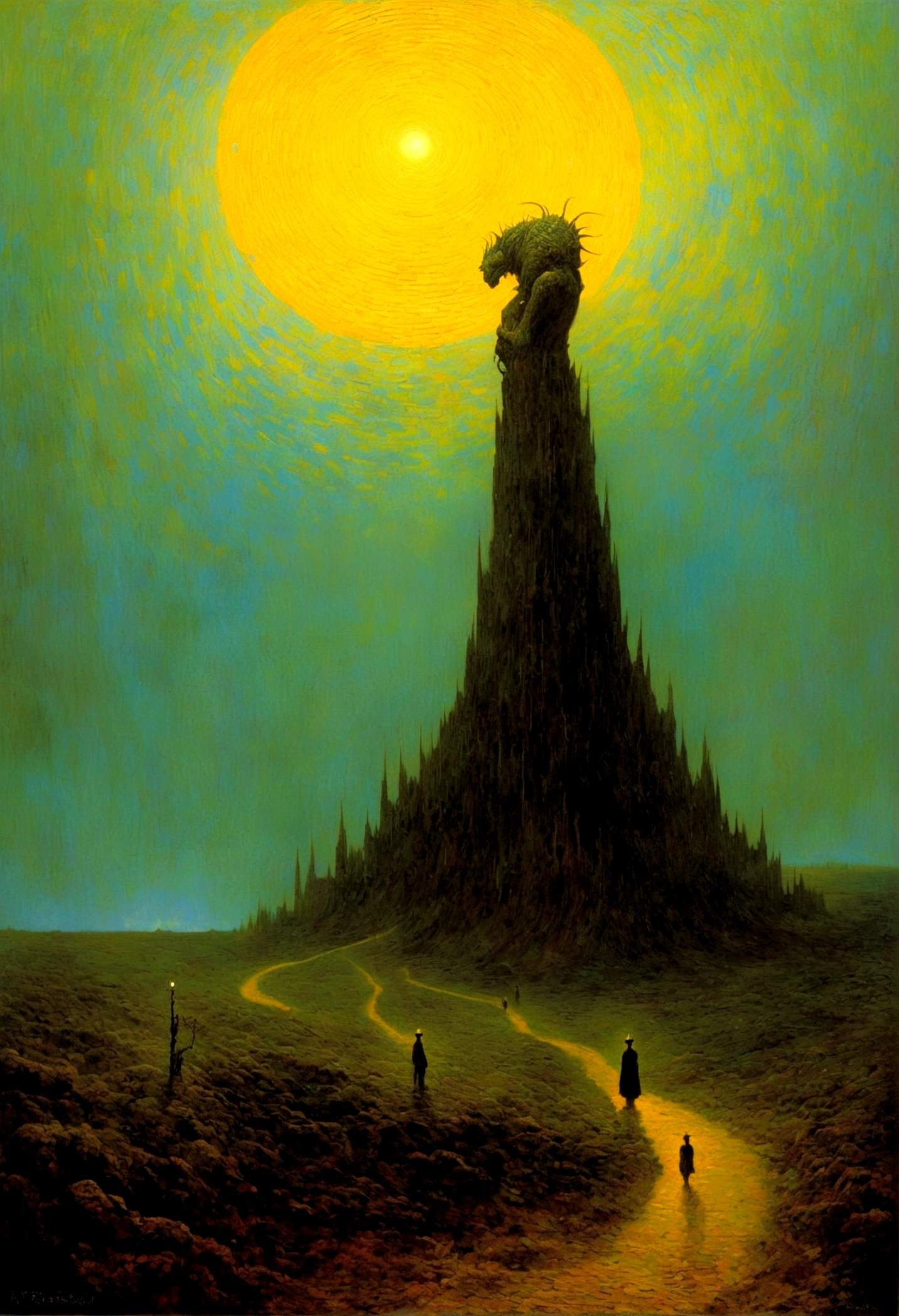 Mythical creatures, author：Zdzislaw Beksiński and Vincent van Gogh, romantic, Surrealism,landscape