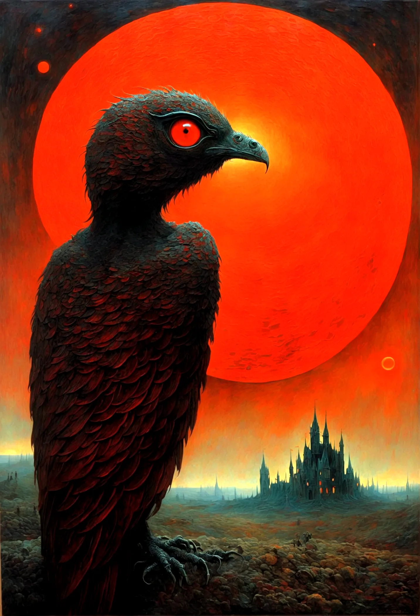 mythical creatures, author：zdzislaw beksiński and vincent van gogh, romantic,landscape、red moon and big eyes