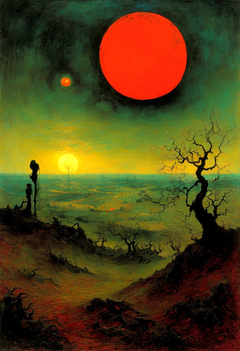 Mythical creatures, author：Zdzislaw Beksiński and Vincent van Gogh, romantic,landscape、Red moon and big eyes