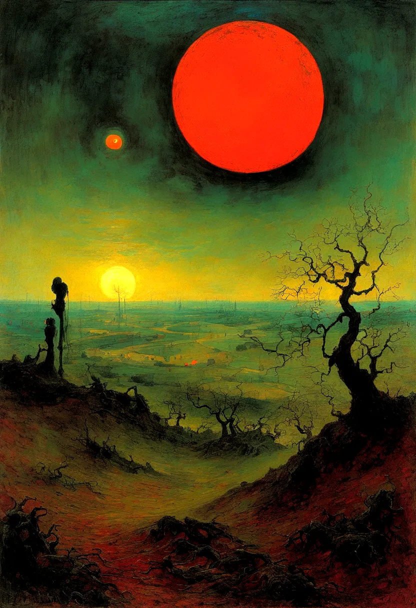 mythical creatures, author：zdzislaw beksiński and vincent van gogh, romantic,landscape、red moon and big eyes