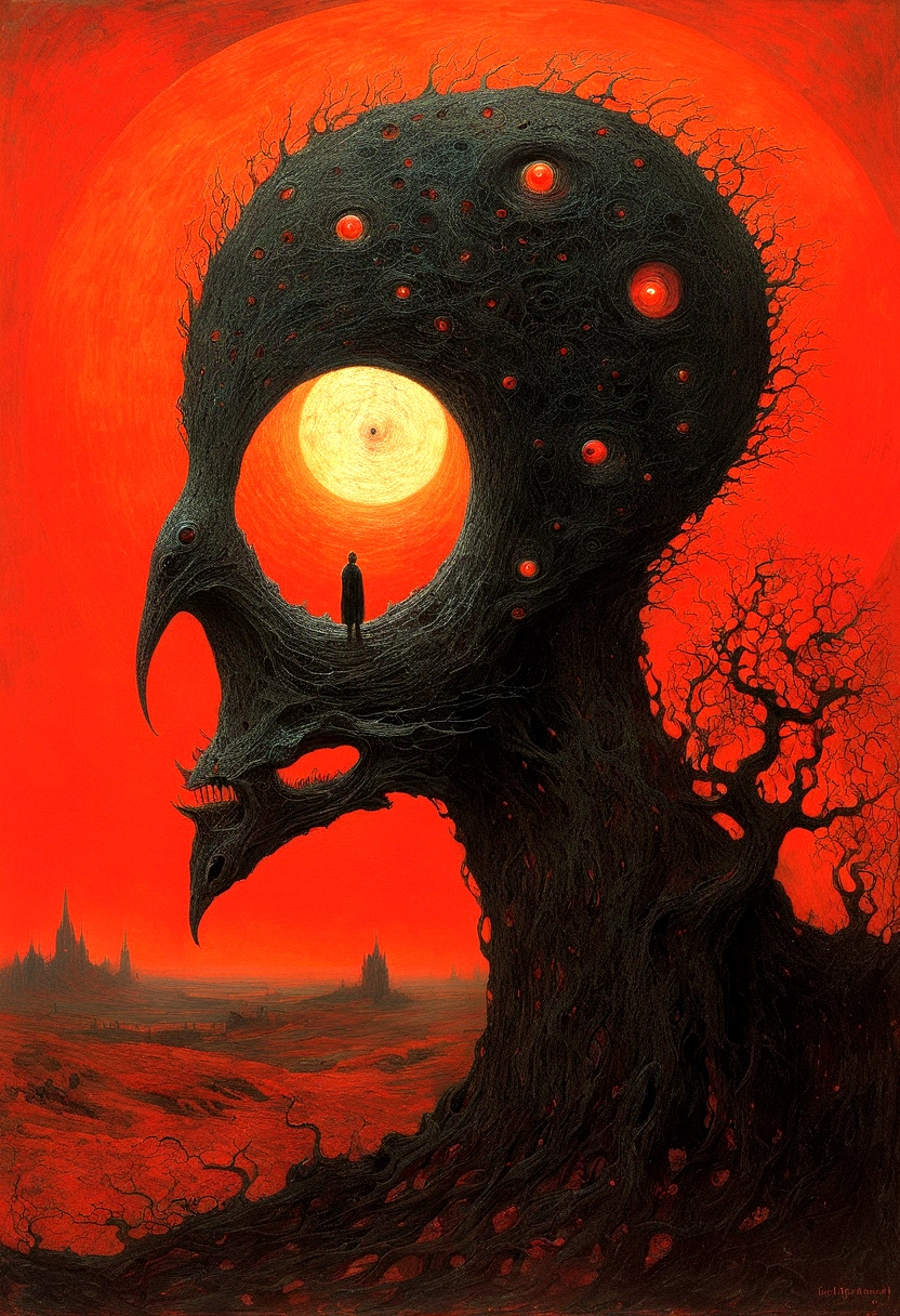 Mythical creatures, author：Zdzislaw Beksiński and Vincent van Gogh, romantic,landscape、Red moon and big eyes