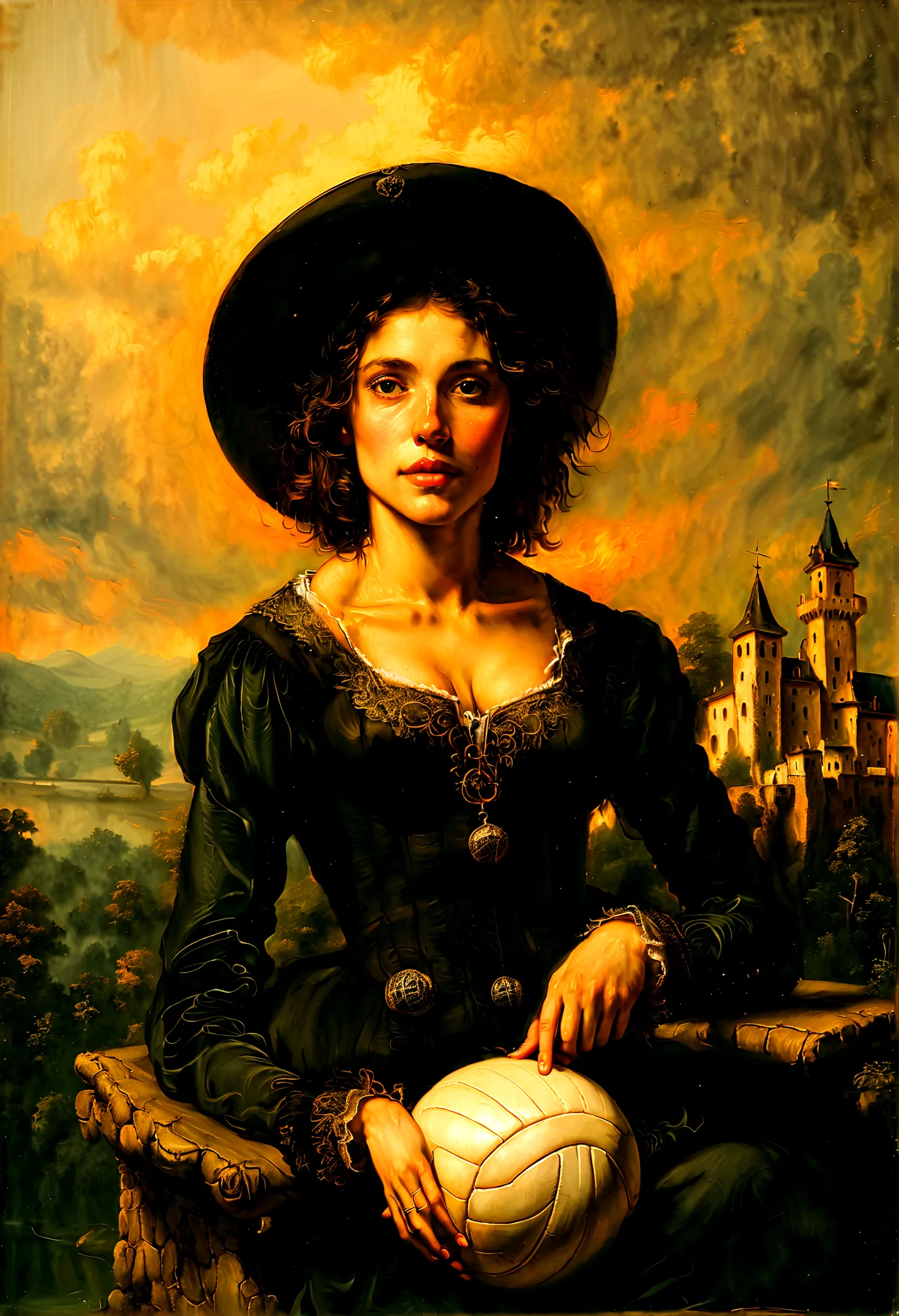 a masterful paint made by Rembrandt of a ((woman playing volleyball: 1.3) on an on coast of the Loir river, an extraordinary beautiful ((renaissance woman: 1.3)), full body, long hair, wavy hair, dynamic hair color, dynamic eye color, ((anatomically correc...