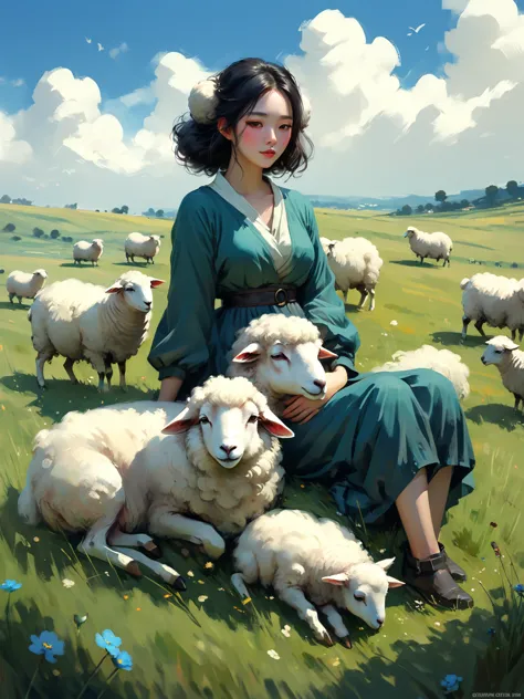 painting of a woman sitting in a field with a sheep, by Yang J, beautiful digital artwork, beautiful digital painting, gorgeous ...