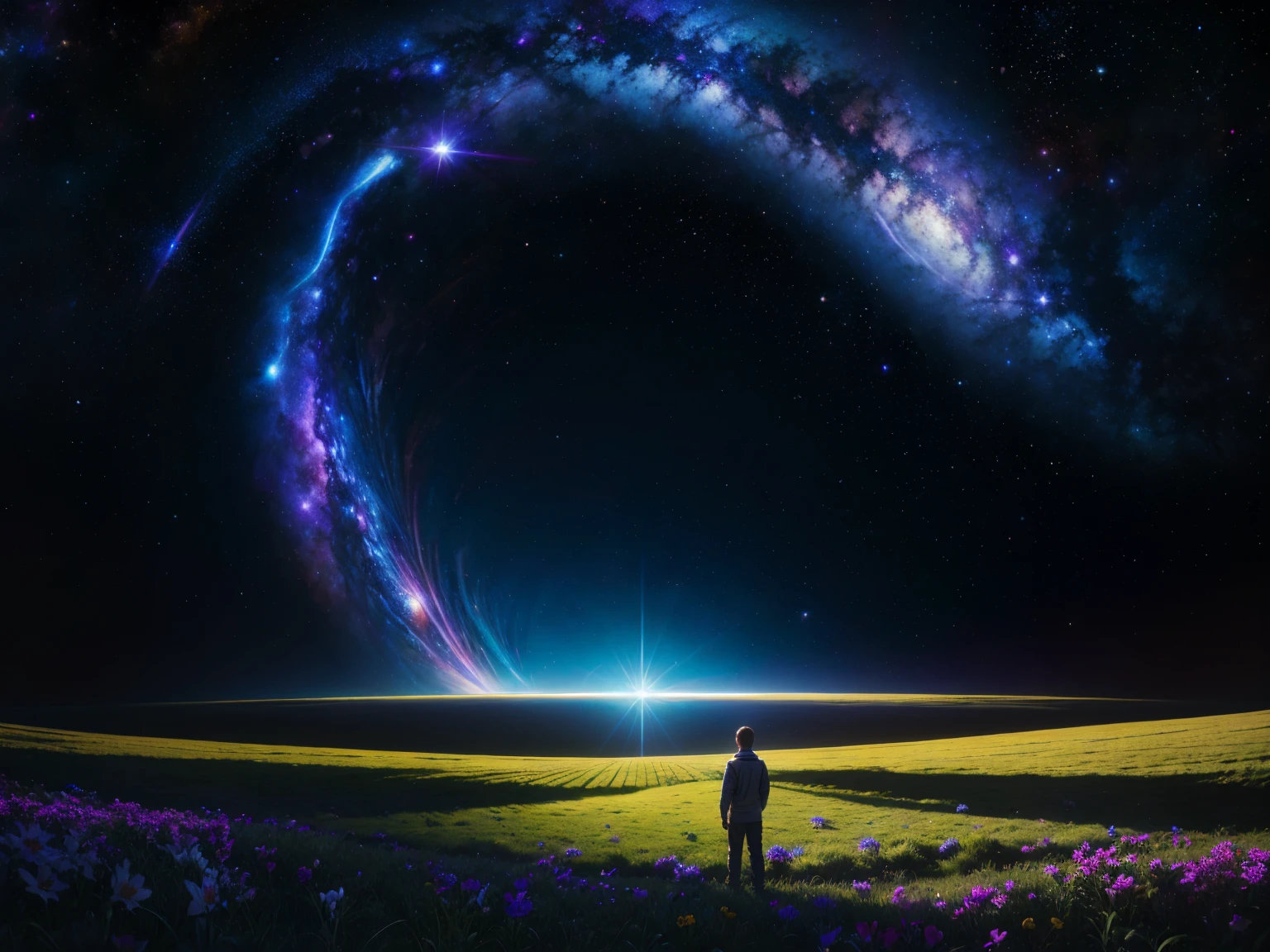 painting of a boy standing on the grass with a bright light in the background, looking out into the cosmos, in a cosmic field, strange portrait with galaxy, in the field of internal hyperspace, Holographic projection, Nascimento do Universo, video still, in the universe, consciousness projection, on a galaxy-looking background, standing in outer space, holding a galaxy