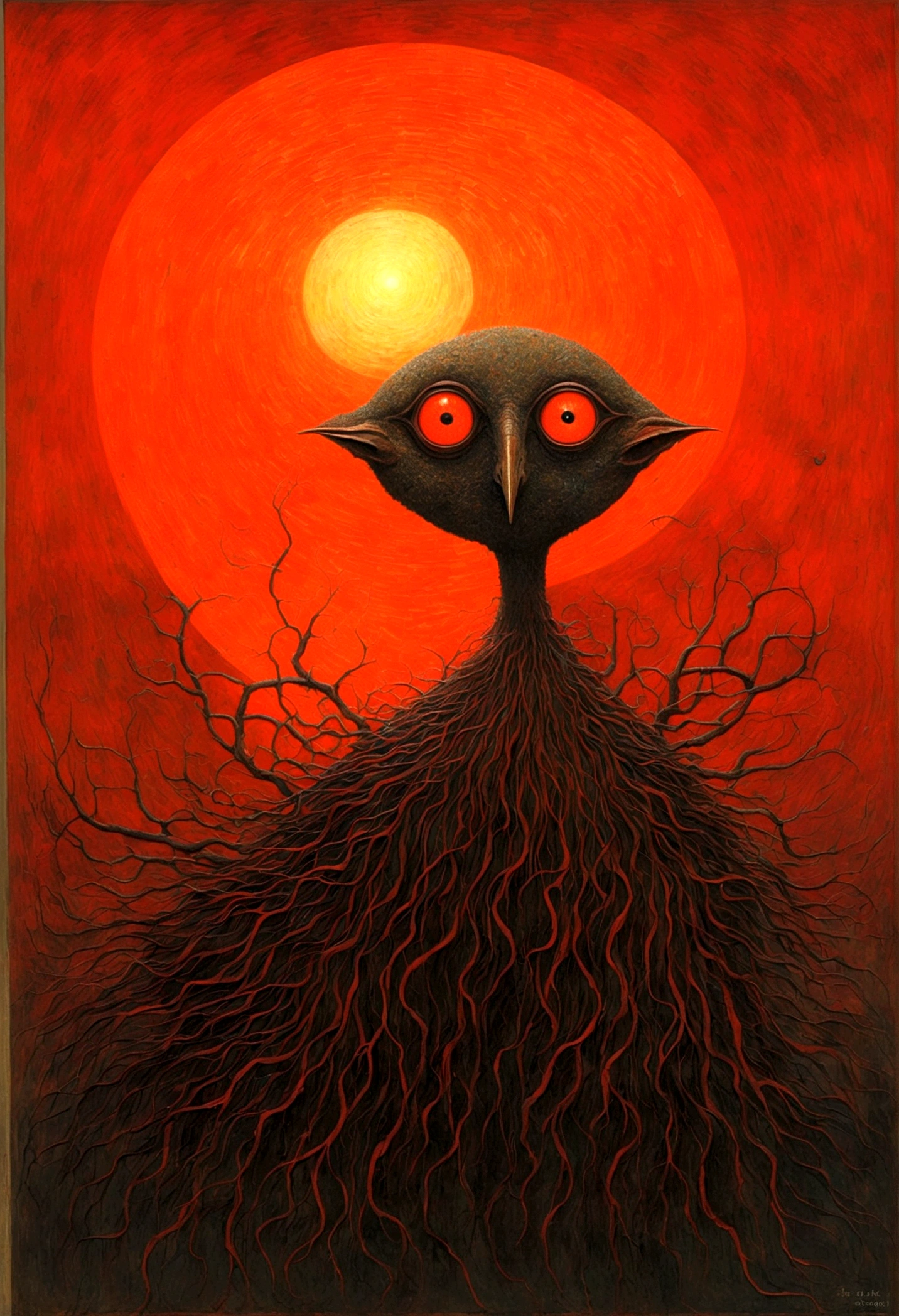 Mythical creatures, author：Zdzislaw Beksiński and Vincent van Gogh, Red moon and big eyes