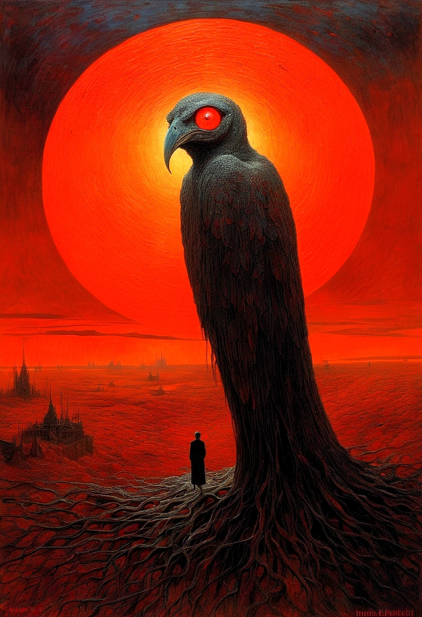 Mythical creatures, author：Zdzislaw Beksiński and Vincent van Gogh, Red moon and big eyes