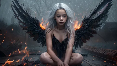 (Jenna Ortega white hair teen girl,13 years old with stunning gothic black archangel wings in fire:1.6),  (naked, nude:1.8), (Wi...