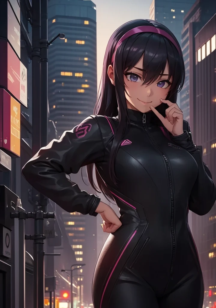 ((Masterpiece, Best Quality, detailed)), 1 girl, alone,
outdoor, evening, urban landscape, portrait, cowboy photography, dark sakura, SMILE, hair band, empty eyes, connection suit, mono, black jumpsuit, the pose, tight skin, lined, cyberpunk, finger in mouth, body marks