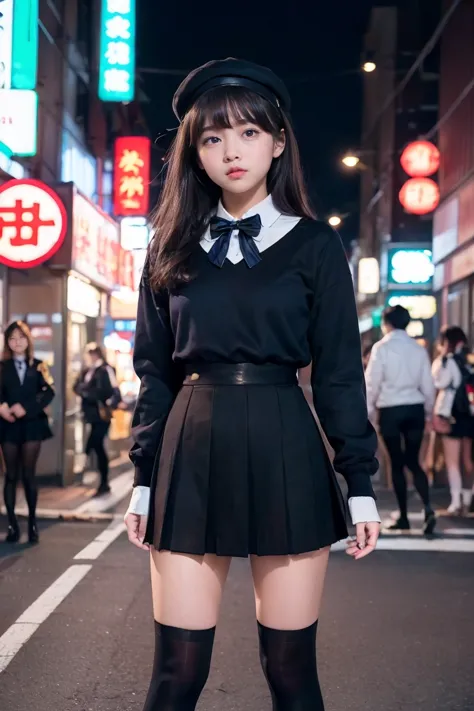 (Full body shot)、Street Snap、In the neon city at night、A young girl with a baby face is standing wearing a short skirt and a bow...