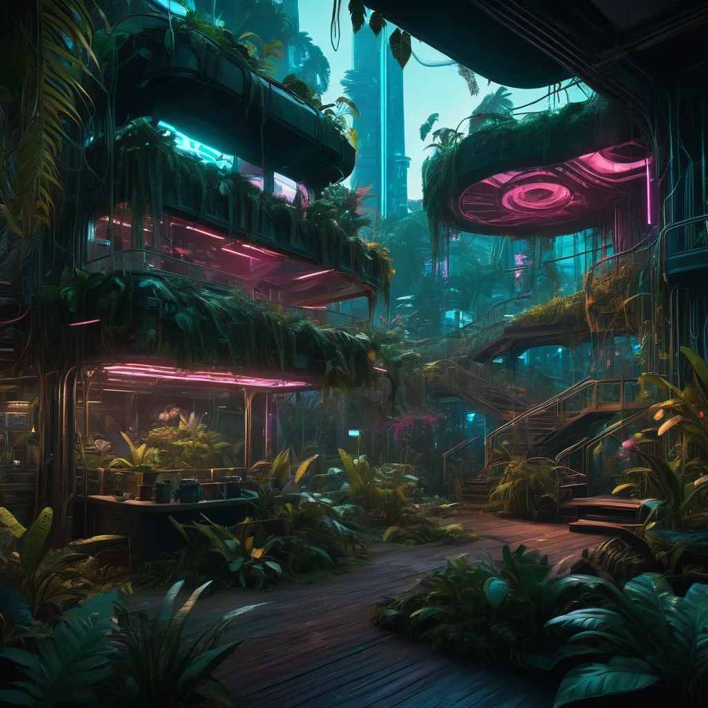 Uma obra-prima de engenharia genética altamente detalhada no estilo cyberpunk, 8K hiper-realista, perspectiva anamórfica, densa folhagem exuberante da selva, flora e fauna exóticas, estruturas orgânicas intrincadas, elementos bioluminescentes brilhantes, iluminação neon, composição complexa em camadas, iluminação cinematográfica, paleta de cores dessaturadas e temperamentais