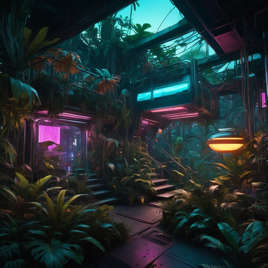 Uma obra-prima de engenharia genética altamente detalhada no estilo cyberpunk, 8K hiper-realista, perspectiva anamórfica, densa folhagem exuberante da selva, flora e fauna exóticas, estruturas orgânicas intrincadas, elementos bioluminescentes brilhantes, iluminação neon, composição complexa em camadas, iluminação cinematográfica, paleta de cores dessaturadas e temperamentais