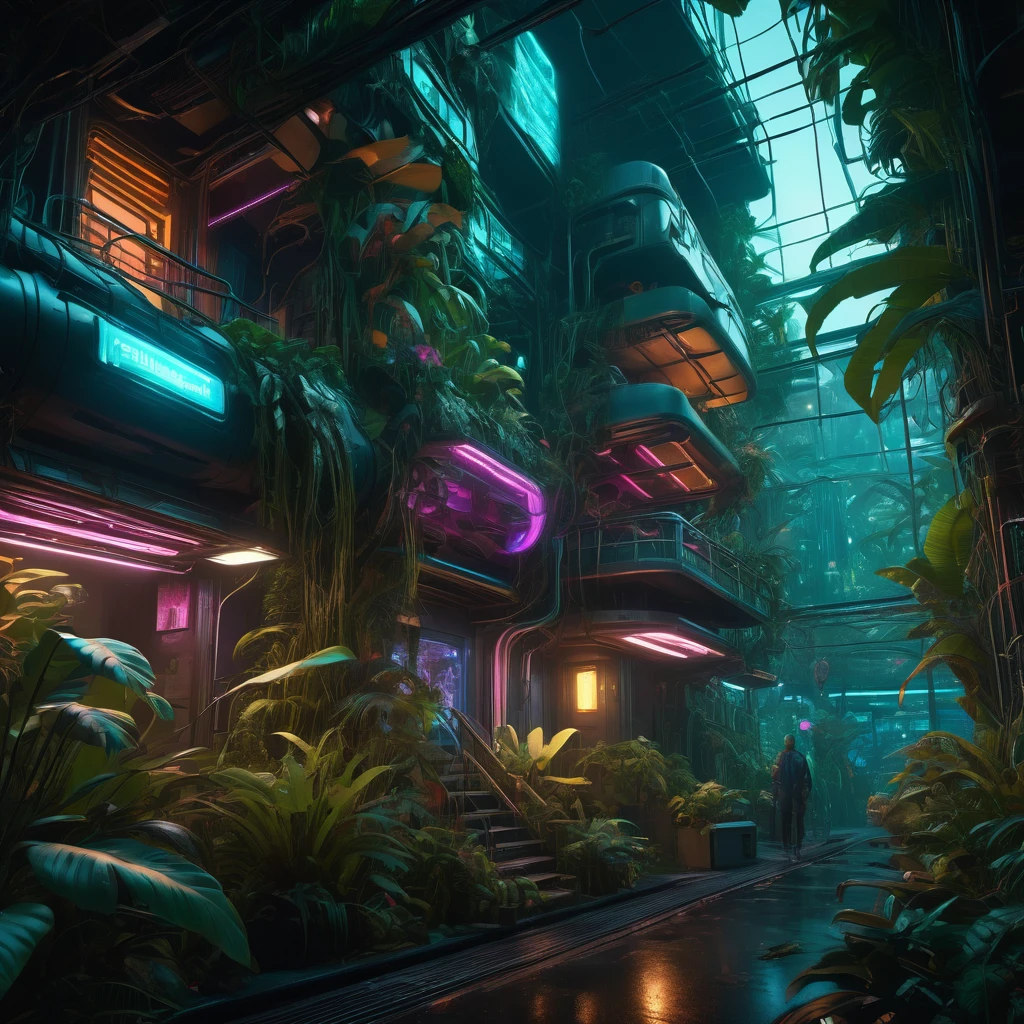 Ein hochdetailliertes, Cyberpunk-artiges Meisterwerk der Gentechnik, hyperrealistisches 8K, anamorphotische Perspektive, dichtes, üppiges Dschungellaub, exotische Flora und Fauna, komplizierte organische Strukturen, leuchtende biolumineszierende Elemente, Neon-Unterbeleuchtung, komplexe geschichtete Komposition, filmische Beleuchtung, stimmungsvolle, entsättigte Farbpalette