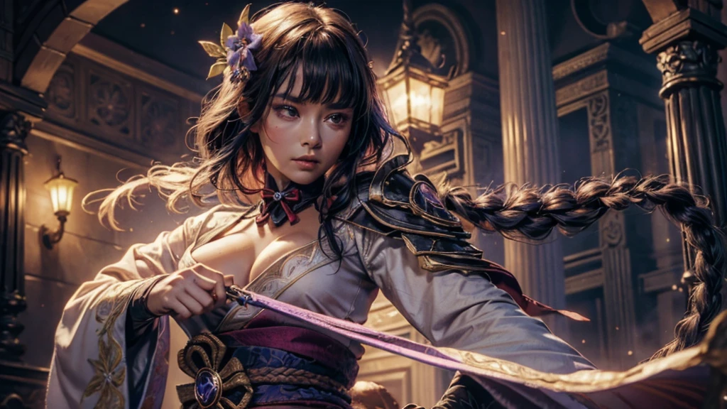 In realistic portrait of high quality and detail, Raiden Shogun (Genshin Impact), movie style, dark and mysterious atmosphere, pale skin, glow, eye shadow, 1girl, thriller fantasy, Depth & Perspective, sadness on her face, an adult girl with long dark hair braided in a braid, her hair has an ombre and its color translates to lilac by the end of the braid. Her head is decorated with a gold hairpin with blue flowers and a fan. Her light-colored kimono-like dress has a short skirt, long tails and long sleeves like furisode's. The back of the floor and the lower part of the sleeve are painted with patterns of various shades of purple and gold.  Unlike her right sleeve, which develops freely, the left one is rolled up and fixed with a braided cord under a black shoulder pad. A wide wine-colored obi belt is tied at the back in a double tatei-musubi knot, resembling a large complex bow tilted to the right, and fastened with a gold fan-shaped decoration with a round purple stone having the Electro symbol. A decorative knot with tassels and a brooch is attached to the purple obi-jime cord tied over the obi. She also wears dark purple stockings up to mid-thigh with a split thumb, which makes them look like traditional Japanese tabi socks. Her shoes are wooden sandals with high heels. There is a decoration with two blue flowers on the right ankle. Mystical powers, fine face, standing in the room, outside, the japanese royal palace on the background, blue sky, white cloud, looking at viewer, (ultra-high detail:1.2), Masterpiece, Best Quality, Ultra-detailed, Cinematic lighting, 8K, delicate features, cinematic, 35 mm lens, f/1.9, highlight lighting, global lighting –uplight –v 4, cinematic, intense gaze, Cinematic lighting, 8K, high quality, Highest Quality, (Solo Focus), (extremly intricate:1.3), (Realistic), dramatic, masterful, Analog style, (Film grain:1.5), (warm hue, cold tone), 