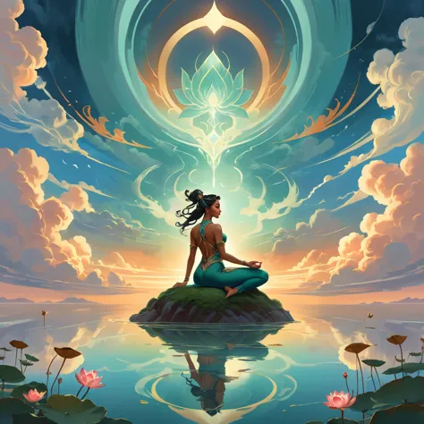 painting of a woman sitting in a lotus position in the clouds, vector graphics, strong contours, inspired by peter mohrbacher, p...