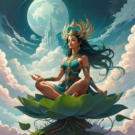 painting of a woman sitting in a lotus position in the clouds, vector graphics, strong contours, inspired by peter mohrbacher, p...