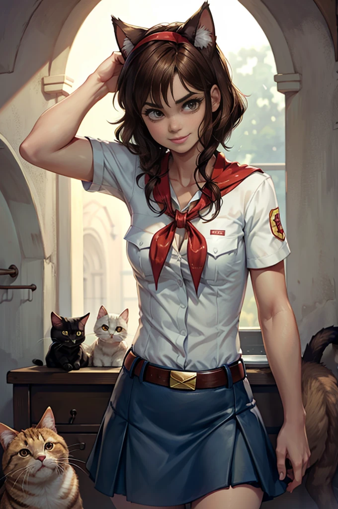 very young slim fit girl, at full height, rounded face, very long disheveled dark brown hair, big brown eyes, shy smile, perfect flat breast, band on head with fake cat ears, parororo, pioneer neckerchief, blue thight microskirt, bangs, shirt, collarbone, white shirt, short sleeves, collared shirt, belt, neckerchief, eyelashes, red neckerchief, breast pocket, ZM_alessia