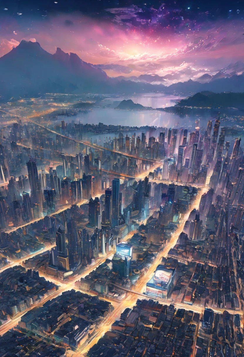 (Masterpiece, 8K, UHD, high resolution: 1.4), panoramic view of a nighttime metropolis, (illuminated by vibrant neon lights: 1.3), (retro-futuristic skyscrapers: 1.2), (flying vehicles traversing the sky: 1.3), (smoke and advertising holograms around: 1.2), (background with dark and starry sky: 1.1), (high-tech and dystopian atmosphere: 1.3), (busy and lively streets: 1.2), (realistic and intricate details: 1.3), (elements of fantasy and science fiction: 1.2), (dynamic and immersive perspective: 1.3)