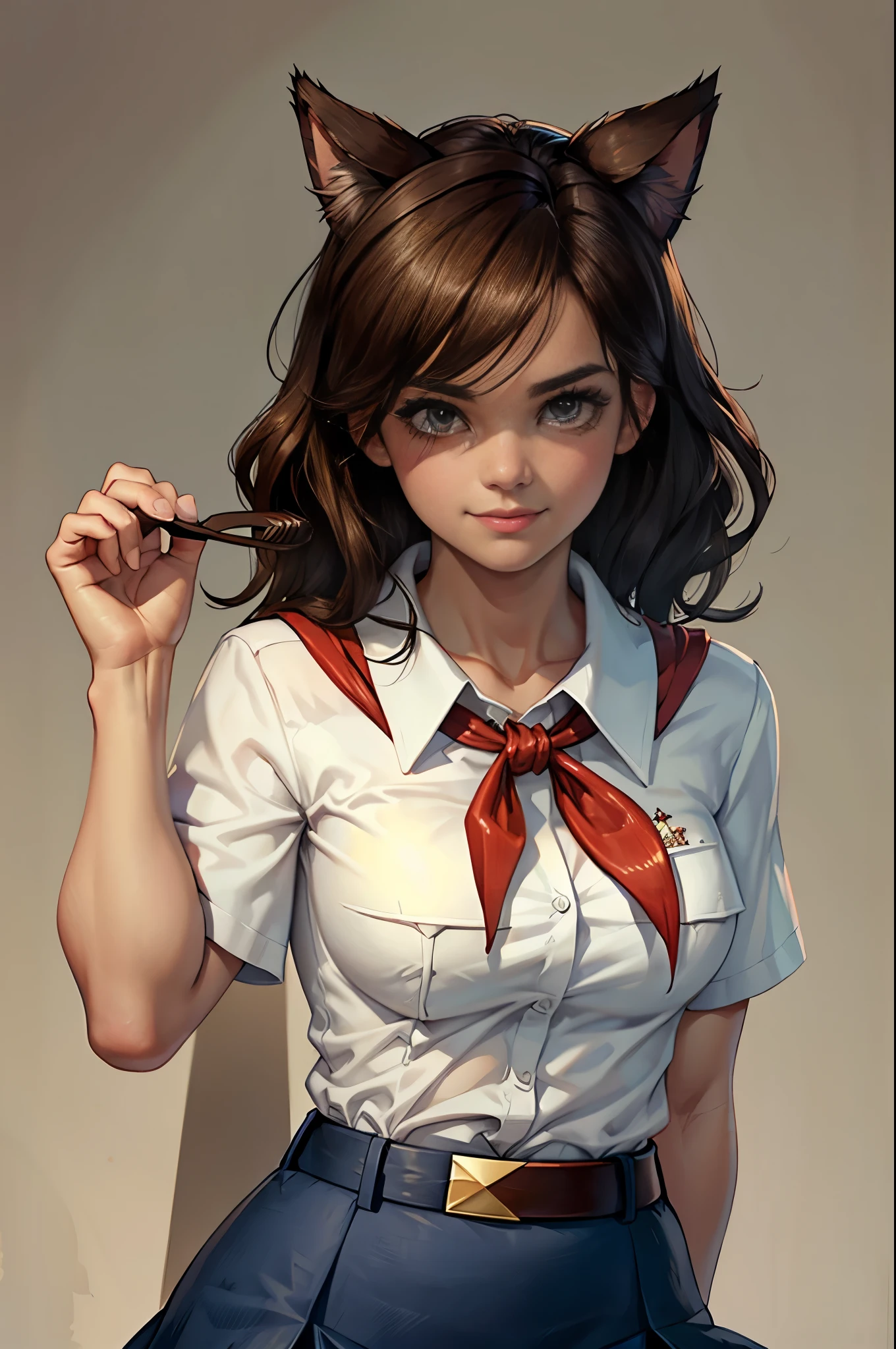 very young slim fit girl, at full height, rounded face, very long disheveled dark brown hair, big brown eyes, shy smile, perfect flat breast, band on head with fake cat ears, parororo, pioneer neckerchief, blue thight microskirt, bangs, shirt, collarbone, white shirt, short sleeves, collared shirt, belt, neckerchief, eyelashes, red neckerchief, breast pocket