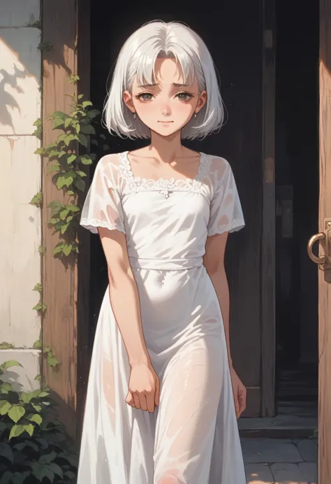 Cute little anime  going for a walk with a revealing white dress, small, white dress, tight panties, white hair, , , uncomfortab...
