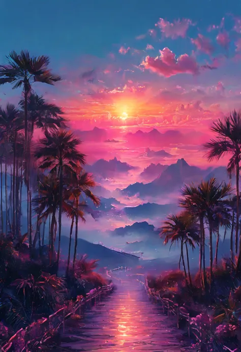 (masterpiece, 8k, uhd, high resolution: 1.4), (sunset with vibrant neon colors: 1.3), (silhouetted palm trees on the horizon: 1....