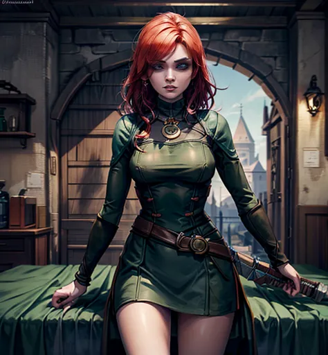 Pixel-Art, seductive assassin, Triss Merigold,  witcher game character,  St. Patrick's Day style, Pixelated, Leonardo Style, 