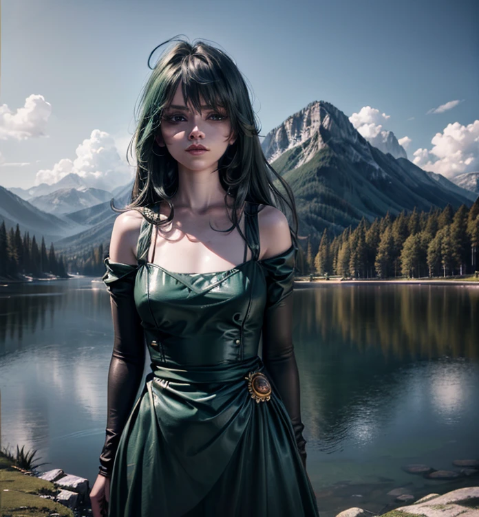 긴 머리를 가진 아름다운 소녀, 큰 눈, wearing an 우아한 dress, standing in front of a lush green mountain landscape with a 고요한 lake, (최고의 품질,4K,8K,고등어,걸작:1.2),매우 상세한,(현실적인,photo현실적인,photo-현실적인:1.37),매우 상세한 얼굴과 눈,긴 속눈썹,아름답고 섬세한 눈,아름답고 섬세한 입술,청산,녹색 물,복잡한 드레스,극적인 조명,시네마틱,하이 패션,우아한,고요한