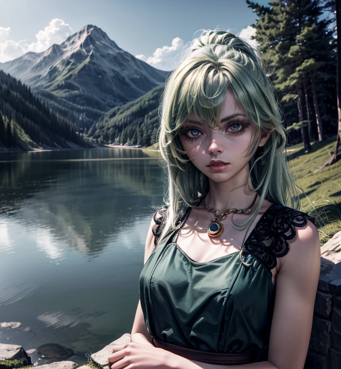 長い髪の美しい女の子, 大きな目, wearing an エレガント dress, standing in front of a lush green mountain landscape with a 穏やかな lake, (最高品質,4k,8K,高解像度,傑作:1.2),非常に詳細な,(現実的,photo現実的,photo-現実的:1.37),非常に詳細な顔と目,長いまつ毛,美しい細部までこだわった目,美しい唇のディテール,緑の山々,緑の水,複雑なドレス,ドラマチックな照明,映画のような,ハイファッション,エレガント,穏やかな
