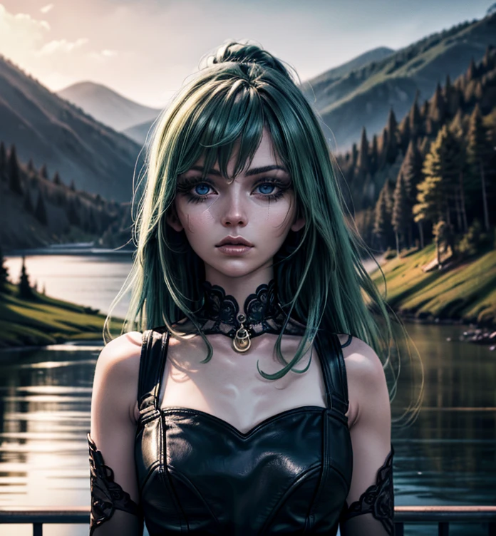 A beautiful girl with long hair, big eyes, wearing an elegant dress, standing in front of a lush green mountain landscape with a serene lake, (best quality,4k,8k,highres,masterpiece:1.2),ultra-detailed,(realistic,photorealistic,photo-realistic:1.37),extremely detailed face and eyes,long eyelashes,beautiful detailed eyes,beautiful detailed lips,green mountains,green water,intricate dress,dramatic lighting,cinematic,high fashion,elegant,serene