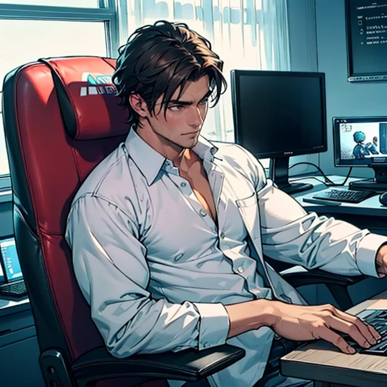 1 guy in open shirt, far in gaming chair, plays video games on computer. Room is dark. toned male, nice hands, perfect hands. facing toward computer, nice hands, perfect hands, dark hair,tonedmale,semi-realism, 1guy, masculine ((Strong men&#39;s:1.3)),((black hair:1.3)),(Shiny marble eyes:1.45),(NSFW:1.15),((very short hair:1.2)),(A lustrous, soft face:1.4),((blush、Mischievous Smile、Excited face:1.2)),((head down:1.3)),((Short sleeve:1.3)),(black、yellow、white、pink),((beautiful image:1.2)),((high Quality:1.2)),((perfect pixiv:1.2)),upper body