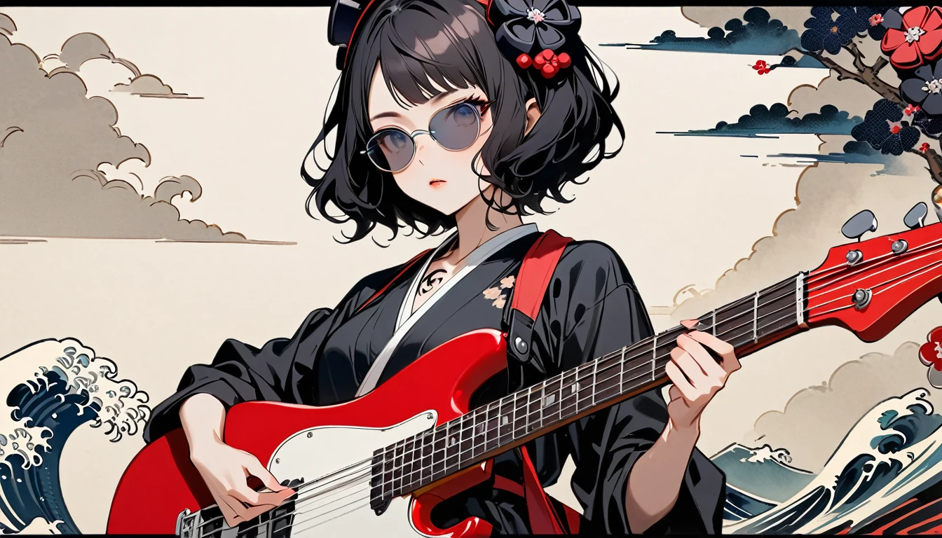 la plus haute qualité, Katsushika Hokusai, peinture à l&#39;encre, (((Jouer de la basse))), (((Lunettes de soleil de couleur claire))), (((1 fille))), (((tatouage sur le visage))), Casque de style japonais, Belle fille, cheveux noirs, Délicat et précis, style Ukiyo-e moderne, obscurité