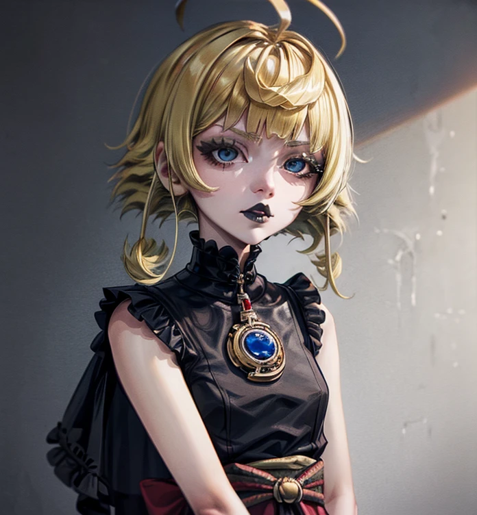 a close up of a woman with a black dress and black lipstick, blonde hime cut hair, with short hair, 1 7 - year - old anime goth girl, short pigtails hair, white hime cut hairstyle, sui ishida with blonde hair, with short hair with bangs, short blonde hair with bangs, short blonde hair, japanese gothic, blonde short