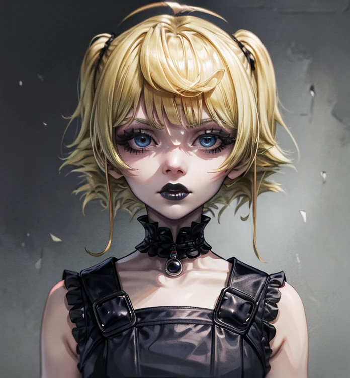 a close up of a woman with a black dress and black lipstick, blonde hime cut hair, with short hair, 1 7 - year - old anime goth girl, short pigtails hair, white hime cut hairstyle, sui ishida with blonde hair, with short hair with bangs, short blonde hair with bangs, short blonde hair, japanese gothic, blonde short