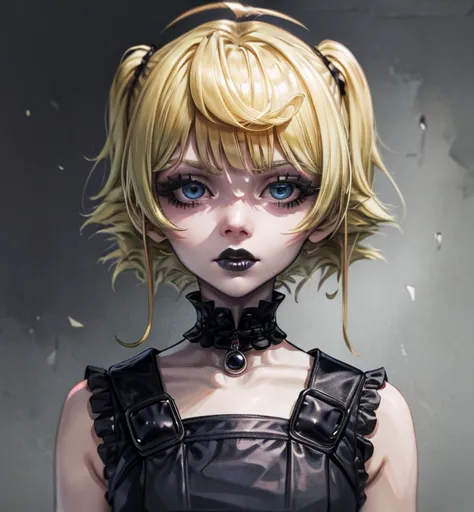 a close up of a woman with a black dress and black lipstick, blonde hime cut hair, with short hair, 1 7 - year - old anime goth ...
