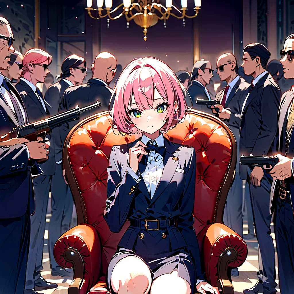 surrounded by the mafia、a pink-haired girl is sitting on a chair、all the gangsters around her point their guns at the girl