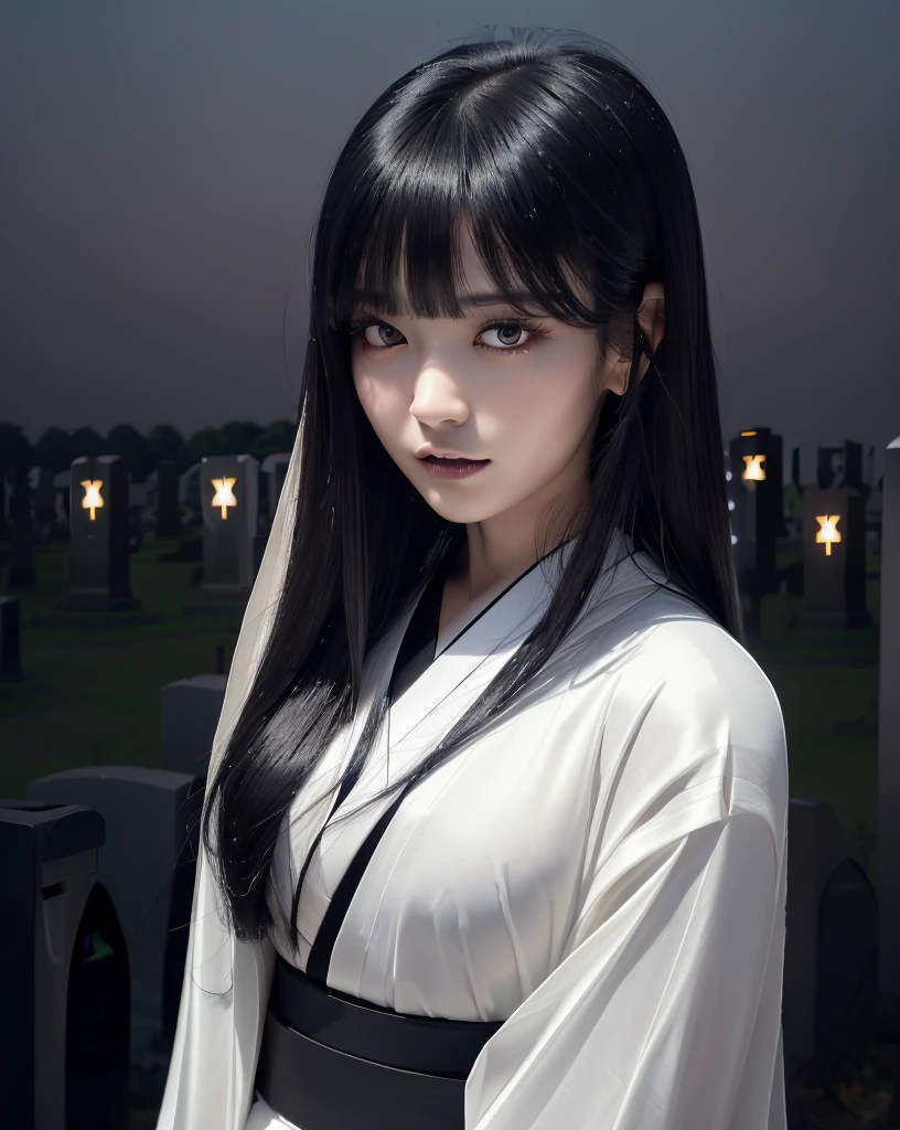 (Highest quality, 32k, High resolution, Masterpiece:1.5), marimo_jet, Ghosts wandering the cemetery at night, Evoking a sense of calm and elusive beauty, Expressing emotions, Have a rich imagination, Beautiful Japanese Girls, An exceptionally beautiful face, Small Face Beauty, , Perfect Human Anatomy, Magical big eyes, Motherhood and generosity, Deep Love, Fleeting Expression, Shiny black hair, Neat, super long, straight silk hair, Asymmetrical bangs, Hair between the eyes, Transparent, soft white skin, Sharp eyebrows, Thin lashes, Natural Makeup, ((Simple white kimono:1.3)), ((Japanese Cemetery:1.5)), ((Simple gravestone)), ((Midnight Darkness:1.7)), ((Pitch black night sky:1.2)), Professional photographer, Professional Lighting, Professional models