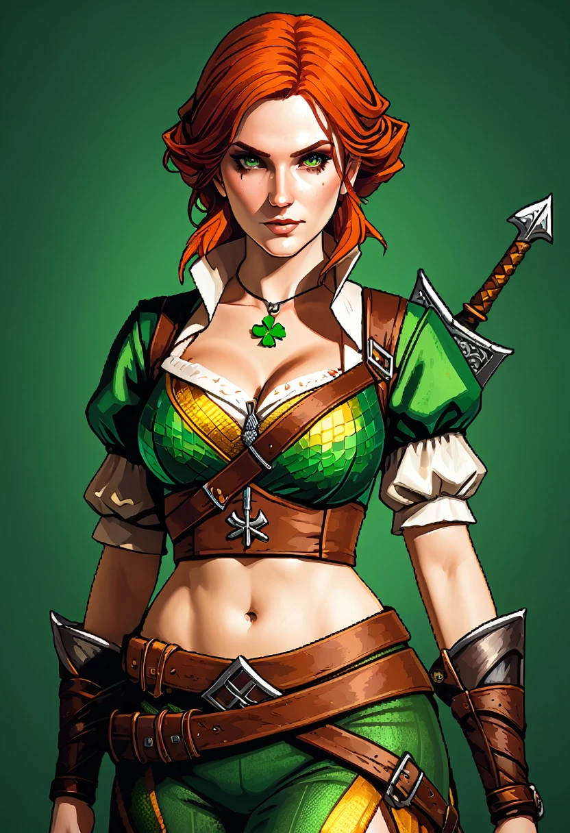 Pixel-Art, verführerische Attentäterin, Triss-Ringelblume,  Hexer-Spielcharakter,  st. Patrick&#39;s Day-Stil, verpixelt, Leonardo style, 