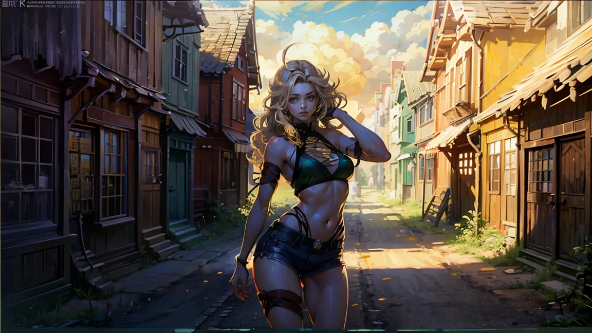 ((Best quality, 8K, masterpiece:1.4)), Anime woman, full body, extremely large breasts:1.5, wide hips, big butt:1.4, slender waist, detailed face, long wavy light brown hair, bright blue eyes, tight white crop top clinging to her body, nipples clearly visible through the fabric, short denim shorts tightly hugging her hips and butt, standing in a small underdeveloped village in Russia, bright sunlight, highly detailed face and skin texture, detailed eyes, long eyelashes, thin waist, realistic light and shadows, confident and seductive stance, thick thighs, erotic pose, detailed depiction of the rustic surroundings, charming wooden houses and Khrushchyovka buildings in the background.
