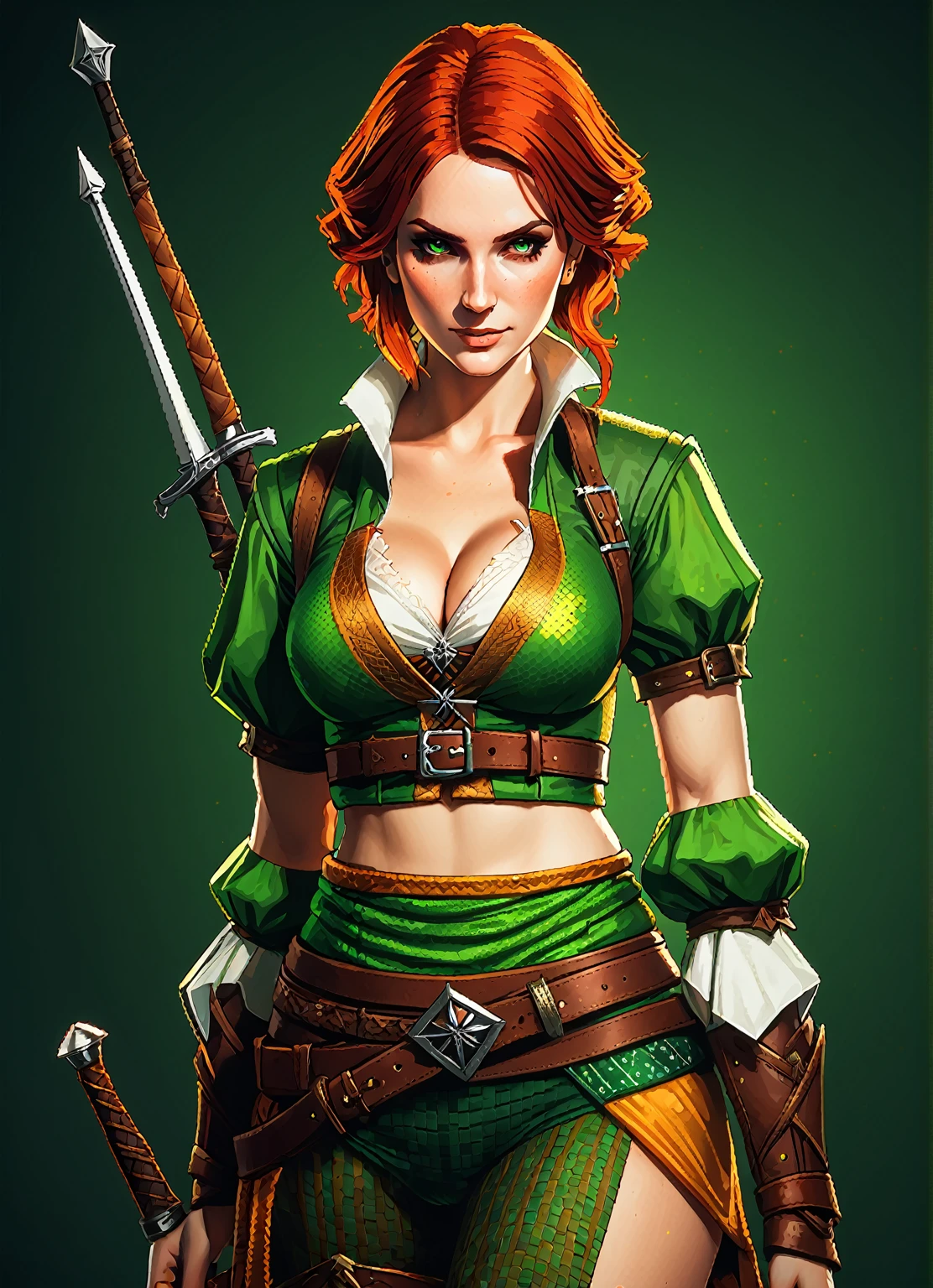 Pixel-Art, verführerische Attentäterin, Triss-Ringelblume,  Hexer-Spielcharakter,  st. Patrick&#39;s Day-Stil, verpixelt, Leonardo style, 