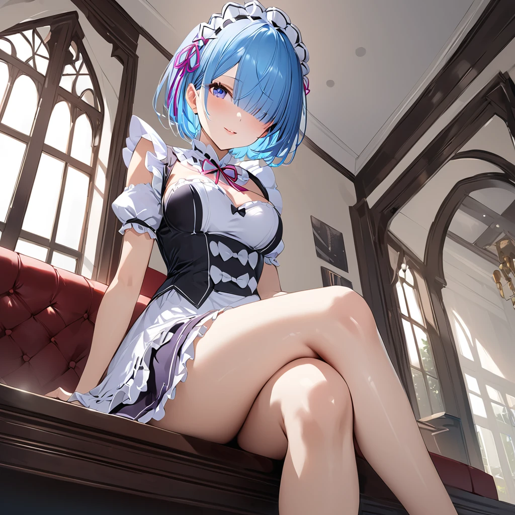 score_9, score_8_up, score_7_up, rem_\(re:zero\)
blue_eyes,hair_over_one_eye,short_hair,blue_hair,hair_ribbon,roswaal_mansion_maid_uniform, 1girl, solo, sitting, crossed legs, from below
Masterpiece, best quality, detailed eyes, perfect face, award winning, hyper-realistic