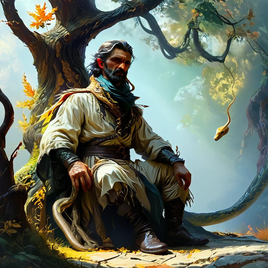 Caucasus nationality, Georgian Middle-aged man in traditional outfit, with serious face, who is sitting under giant oak tree, The oak tree Bound by snake, man caressing little dear, Autumn, leaf on ground, by Frank frazetta full body profile, trending on artstation, dramatic lightning, ultra hd
