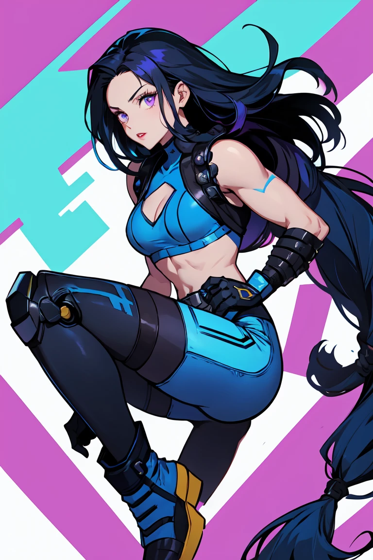 1. Light skinned woman 2. Long spiky navy blue hair/dark 3. lips painted blue and purple 4. Purple eyes 5. Attractive clothing with technological implants whose predominant colors are Blue and Purple (Example Alita from Battle Angel, I will show an example)
6. wears dark blue boots 7. He has blue gloves 8. Both his arms and legs are uncovered., that is to say, his technological combat suit only covers his torso, waist and chest, the elbows, arms and legs are uncovered.