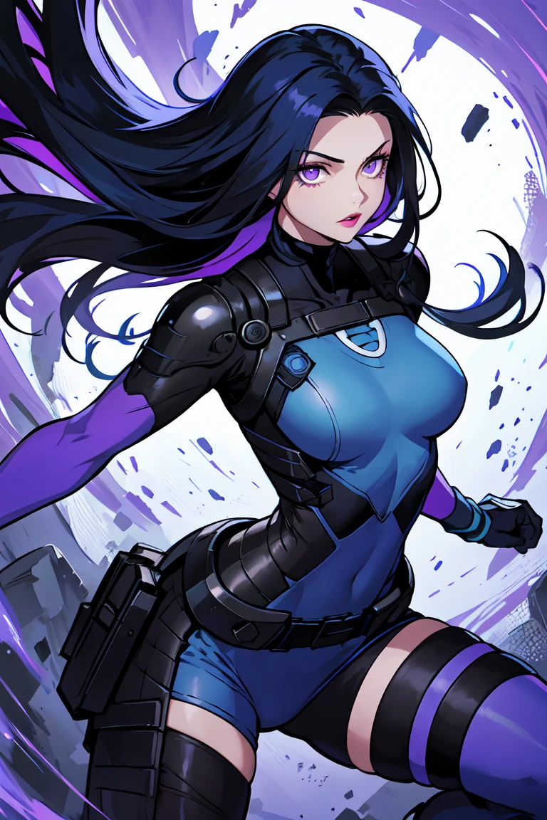 1. Light skinned woman 2. Long spiky navy blue hair/dark 3. lips painted blue and purple 4. Purple eyes 5. Attractive clothing with technological implants whose predominant colors are Blue and Purple (Example Alita from Battle Angel, I will show an example)
6. wears dark blue boots 7. He has blue gloves 8. Both his arms and legs are uncovered., that is to say, his technological combat suit only covers his torso, waist and chest, the elbows, arms and legs are uncovered.