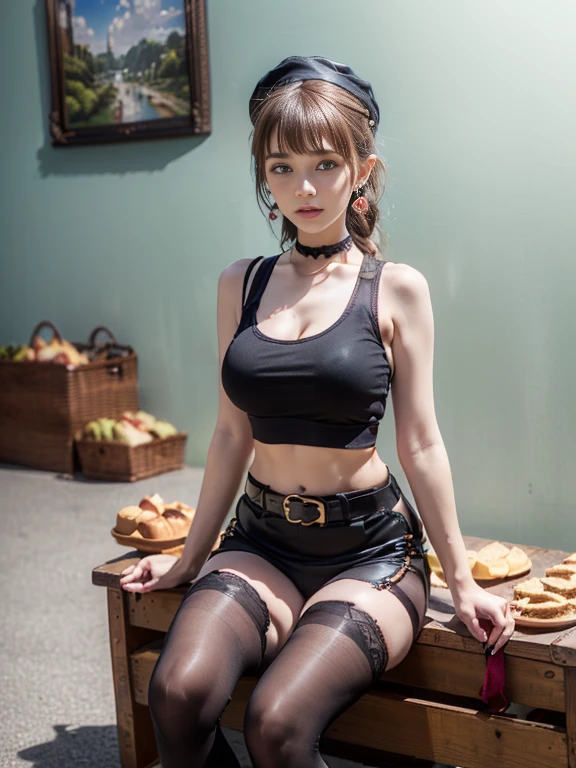 (perky chest:1.2), (pointed chest:1.2),(((Black Tunic:1.3))),(((cakes and bread in the basket),Cute and beautiful girl,masterpiece、highest quality、Very detailed、Beautiful fine details、One Girl、Detailed landscape、Training gym Room Background:1.4、Braided Ponytail、Red camisole、((B cup breasts, Tank top showing underboob:1.3)), black jacket, thigh strap, bangs, necktie, earrings, nail polish, fishnet pantyhose, multicolored hair, looking at viewer, full body, bottle, own hands together, belt, food, animal on head, black necktie, ring, choker, english text paper:1.2, collared shirt, blue eyes, platform boots, hat,lace-up boots ,
