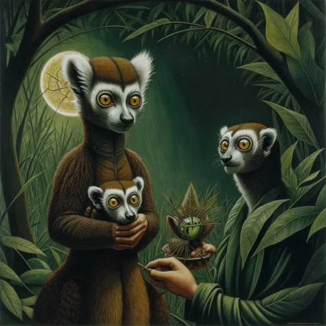 A strange lemur with a large head and huge green eyes: his body is small compared to his head, in his hands he is holding insect...