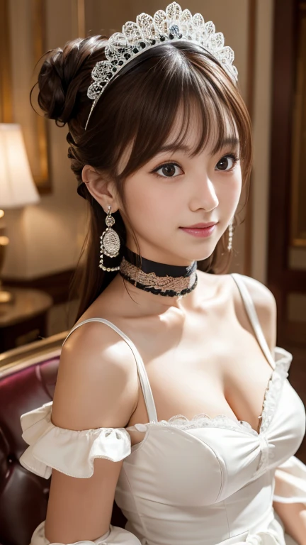 Ultra-high resolution, Superior Quality, Highest quality, Very detailed, Realistic, 8K, RAW Photos, Highest quality, masterpiece, Attractive girl, Awesome girl, Brown Hair, double bun, Asymmetrical bangs, Ｊ-POP Idol, Sophisticated, stylish, Black and white gothic lolita maid outfit,Luxury hotel lounge, smile:1.1、Bust up shot、Small breasts、Detailed eye resolution、Earrings、Black choker、Headdress、