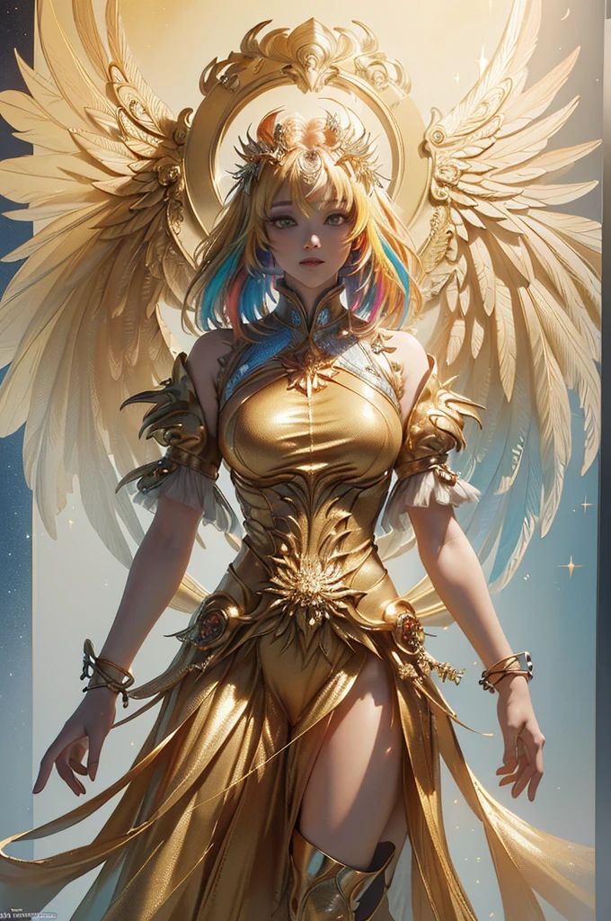 (Dynamic angle:1.4), ((Full body posing:1.5), (colorful:1.2), (extremely detailed CG unity 16k wallpaper:1.1), (Denoising strength: 1.45), (tmasterpiece:1.37), ((official art)), (colorful:1.2), The whole body is golden yellow, suspended in the air, yes Big Wings, god rays, sparkle, glowing light, ((masterpiece)), ((best quality)), UHD, award winning