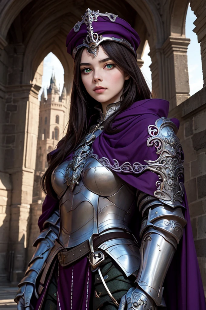 upper body focus, beautiful face, medieval setting, beautiful female knight wearing purple and silver full body plate armor, dark brown long hair, facing the camera, beautiful green eyes, castle in the background, ornate armor decorated in rose theme, purple cloak