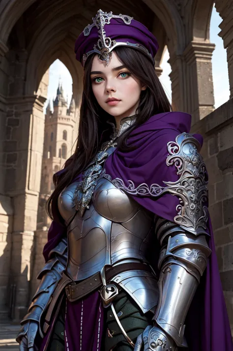 upper body focus, beautiful face, medieval setting, beautiful female knight wearing purple and silver full body plate armor, dar...