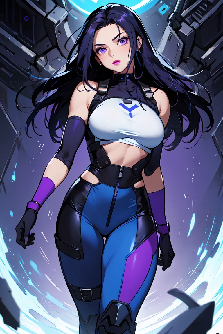 1. Woman with fair skin
2. Long, pointed dark navy blue hair
3. Lips painted in blue and purple
4. Purple eyes
5. Attractive attire with technological implants, predominantly in blue and purple colors (Example: Alita from Battle Angel, I will show an example)
6. Wearing dark blue boots
7. Wearing blue gloves
8. Both her arms and legs are uncovered, meaning her combat suit with technology only covers her torso, waist, and chest; elbows, arms, and legs are exposed.