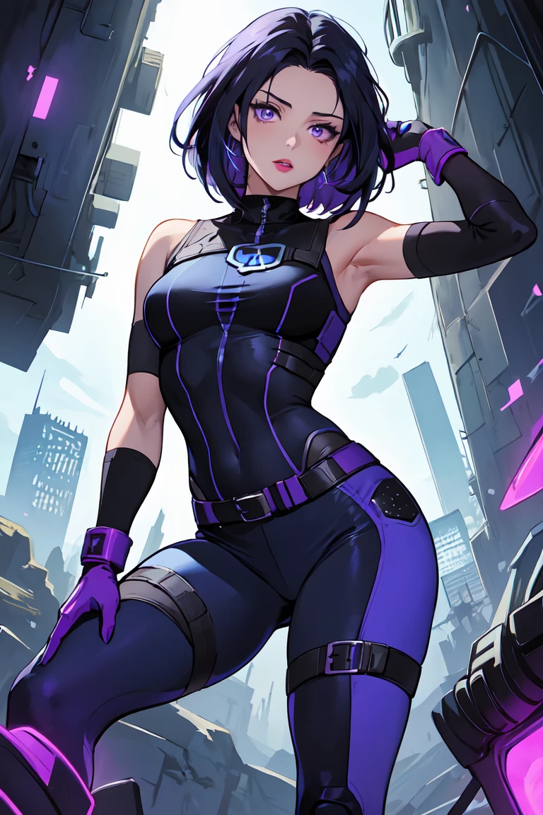 1. Woman with fair skin
2. Long, pointed dark navy blue hair
3. Lips painted in blue and purple
4. Purple eyes
5. Attractive attire with technological implants, predominantly in blue and purple colors (Example: Alita from Battle Angel, I will show an example)
6. Wearing dark blue boots
7. Wearing blue gloves
8. Both her arms and legs are uncovered, meaning her combat suit with technology only covers her torso, waist, and chest; elbows, arms, and legs are exposed.